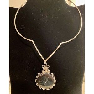 Handmade Vintage Silver  Black Agate Pendant/ Braided Choker Necklace Unique